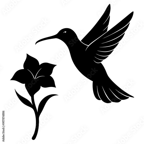 vector silhouette of a hummingbird hovering near a flower, (6)