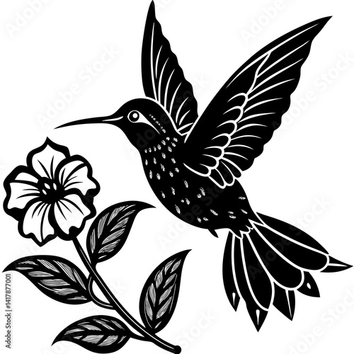 vector silhouette of a hummingbird hovering near a flower, (6)