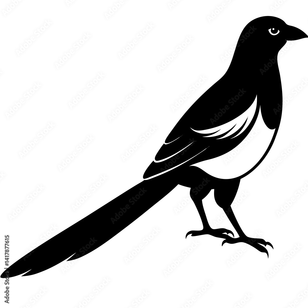 Obraz premium vector silhouette of a magpie with long tail and curved wings, standing, (11)