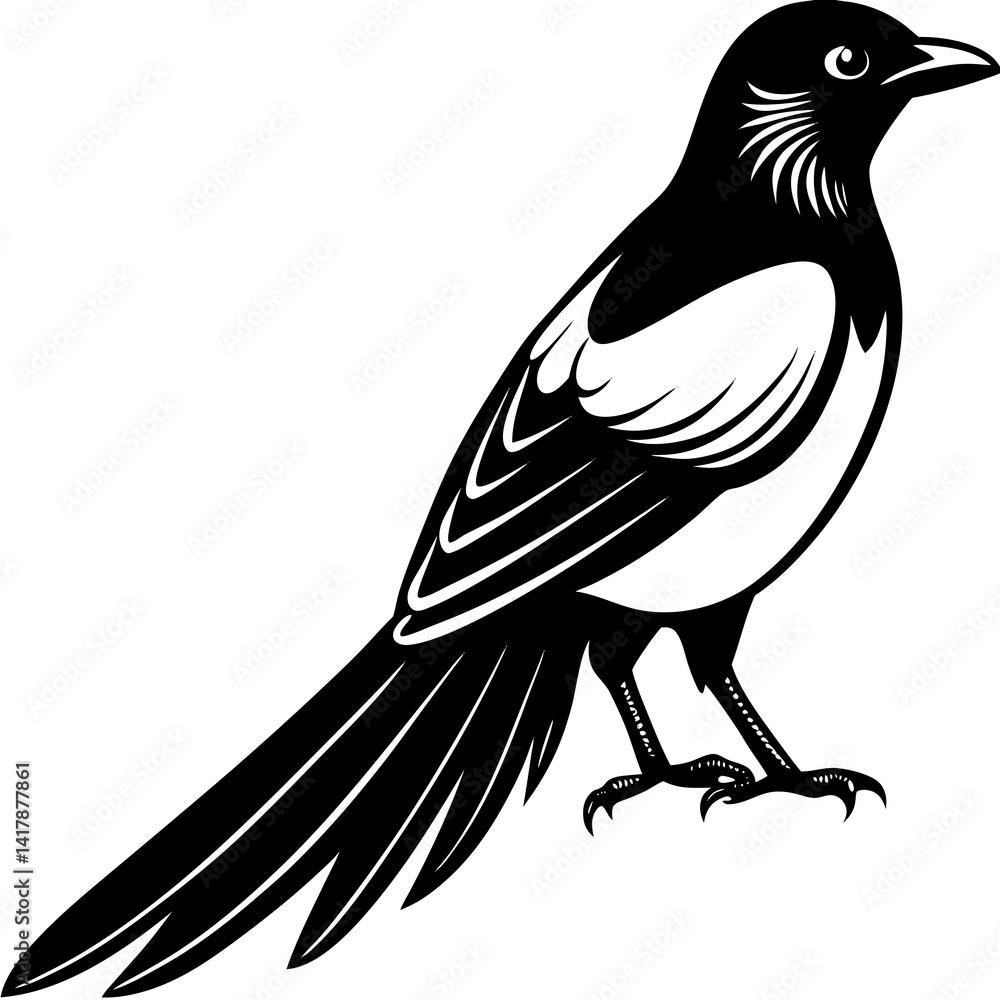 Obraz premium vector silhouette of a magpie with long tail and curved wings, standing, (11)