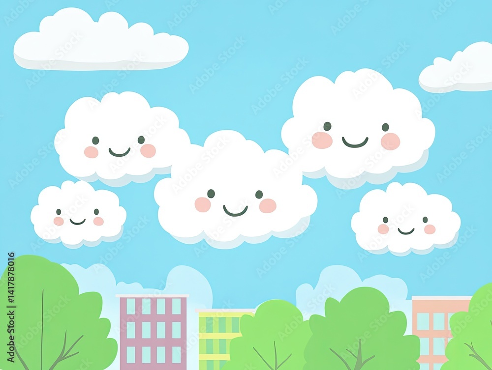 Cheerful clouds float above a cityscape on a beautiful day. Cheerful clouds float above a cityscape on a beautiful day.
