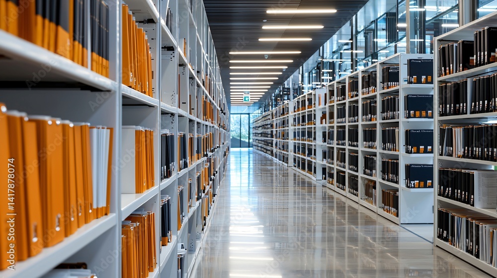 Fototapeta premium Well-organized legal archive room with categorized folders, bright lighting, white shelves, spacious walkway, legal documentation concept in high-resolution detail