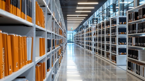 Well-organized legal archive room with categorized folders, bright lighting, white shelves, spacious walkway, legal documentation concept in high-resolution detail