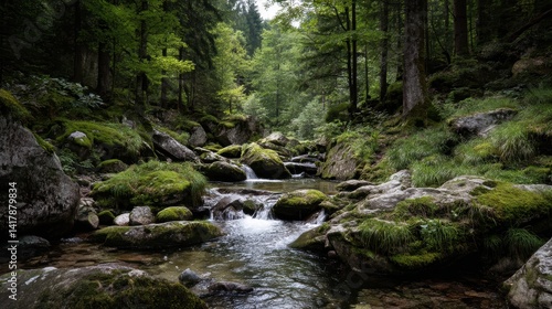 Tranquil Forest Stream Cascading Over Moss Covered Rocks Serene Woodland Scene Refreshing Nature Natural Light Magical Atmosphere Scenic Beauty