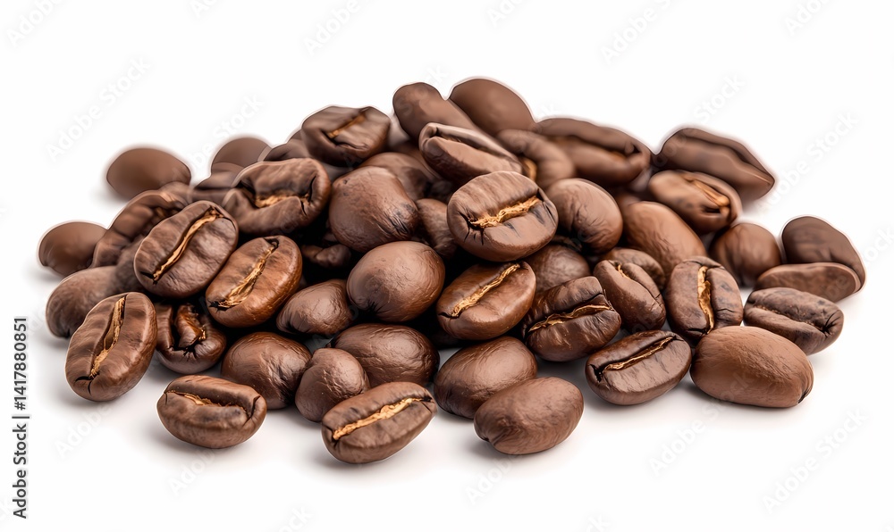Roasted coffee beans, close-up, white background, food photography, website use Roasted coffee beans, close-up, white background, food photography, website use