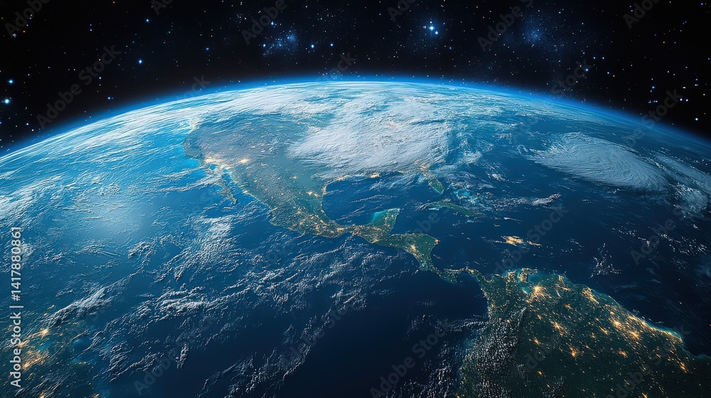 Fototapeta premium Earth view from space with the illuminated landmasses of North and Central America