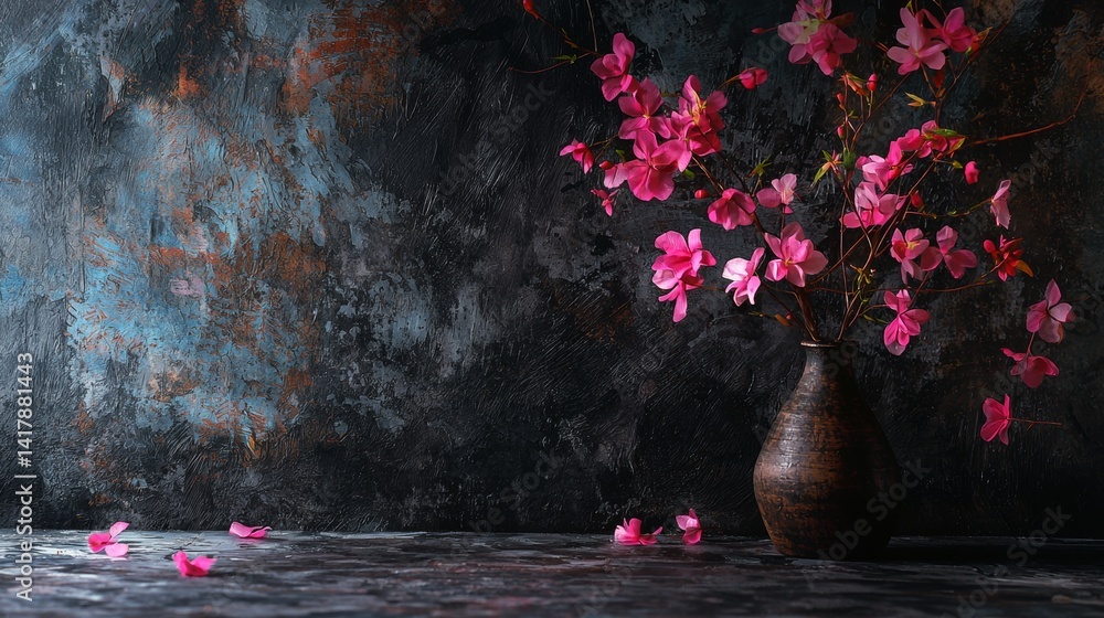 Pink blossom flowers in vase against dark moody wall