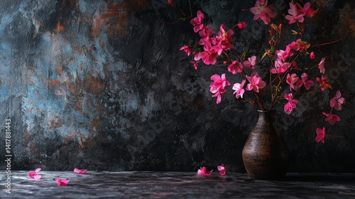 Obraz na płótnie Pink blossom flowers in vase against dark moody wall w salonie