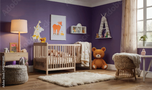 Stylish Purple Baby Nursery, Modern Infant Room Decor, Cozy Baby Crib

