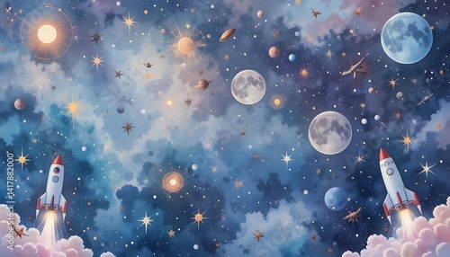Rocket Launching in Starry Galaxy Illustration with Moons and Planets
