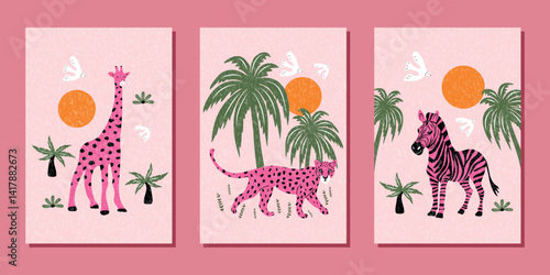 A set of abstract, modern banners with hand-drawn leopard, giraffe and zebra. Flat vector illustration.