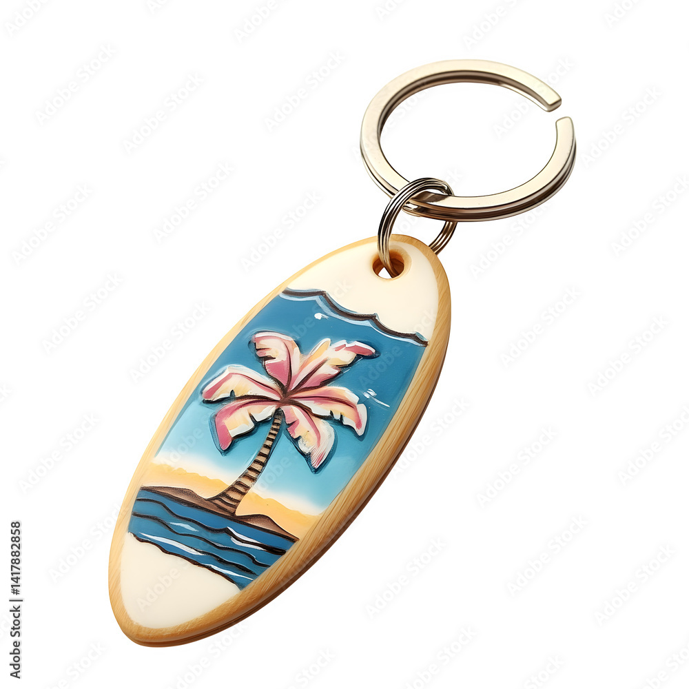 A beach-themed keychain with a mini surfboard, isolated on white A beach-themed keychain with a mini surfboard, isolated on white