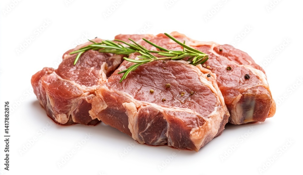 Raw pork meat with herbs on a white background ready for cooking. Raw pork meat with herbs on a white background ready for cooking.