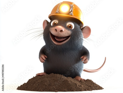 Cute Cartoon Mole Wearing Miner Helmet on Dirt Pile
