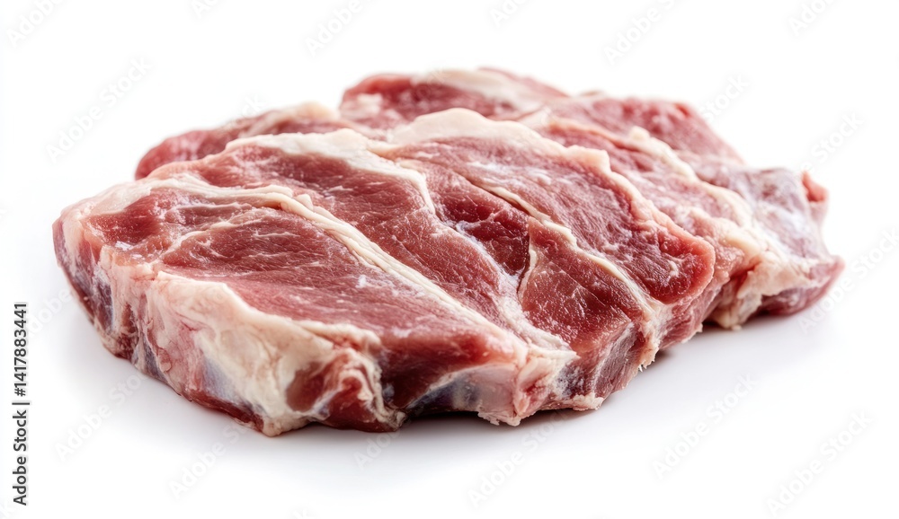 Raw pork meat with fat marbling on a white background close up. Raw pork meat with fat marbling on a white background close up.