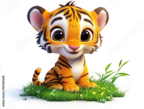 Adorable Cartoon Baby Tiger Sitting on Grass Patch
