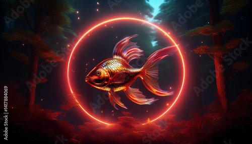 Red Futuristic Fish and Light Circle with Glowing Effects