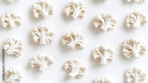 Wallpaper Mural A flat lay showcasing a repetitive pattern of fresh cauliflower florets arranged on a white background. The minimalist aesthetic highlights the vegetable's texture and color. Torontodigital.ca
