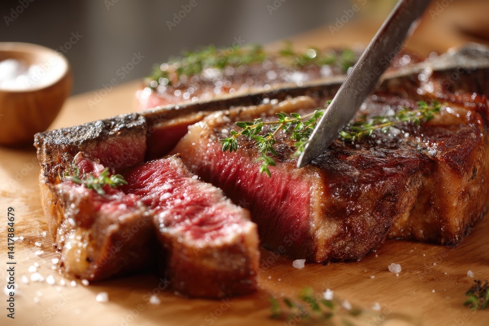Vibrant image of a T-bone steak being carved on a wood surface, with the details of the juicy interior, garnished with thyme and a pinch of salt