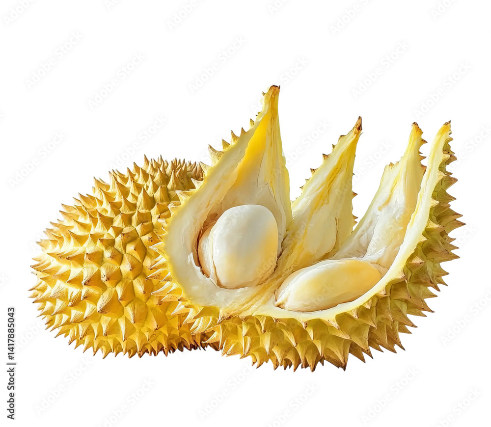 Obraz premium A yellow durian, cut in half and displayed on the right side of an isolated on Transparent Background and PNG