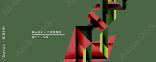 Abstract geometric shapes overlap, creating dynamic visual effect. Dark green background complements red, black, olive tones. Modern design.