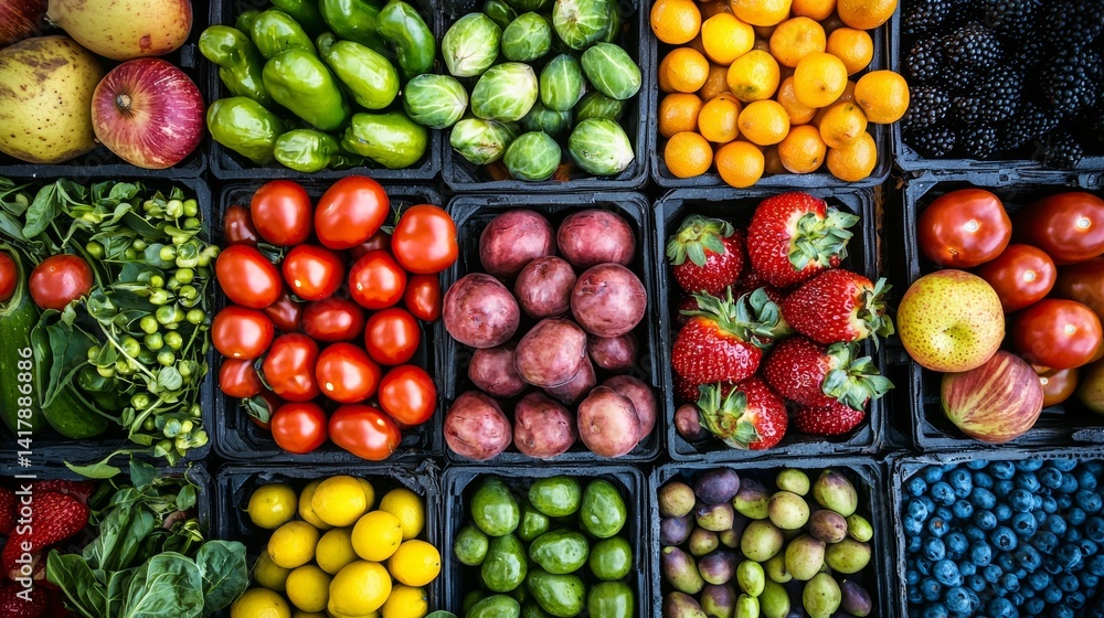 Boxes of fresh colorful fruits and vegetables at market Boxes of fresh colorful fruits and vegetables at market