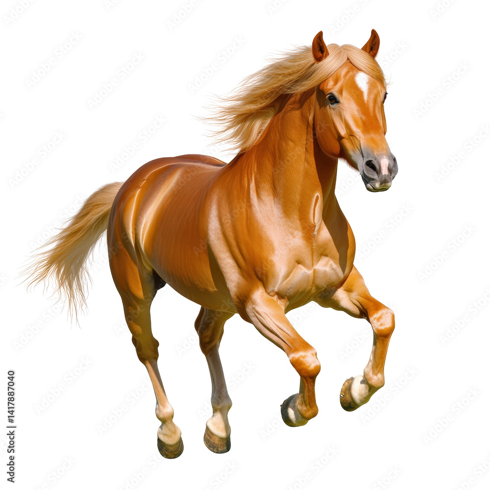 Obraz premium Graceful galloping chestnut horse with flowing mane and tail running on white background showcasing power speed and elegance in motion