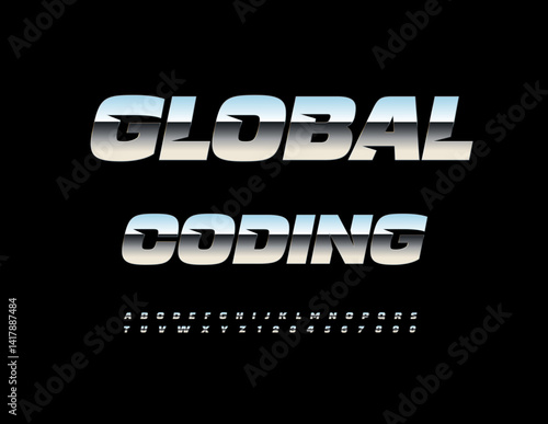 Vector Silver logo Global Coding. Cool Metallic Font. Trendy Steel Alphabet Letters and Numbers set.