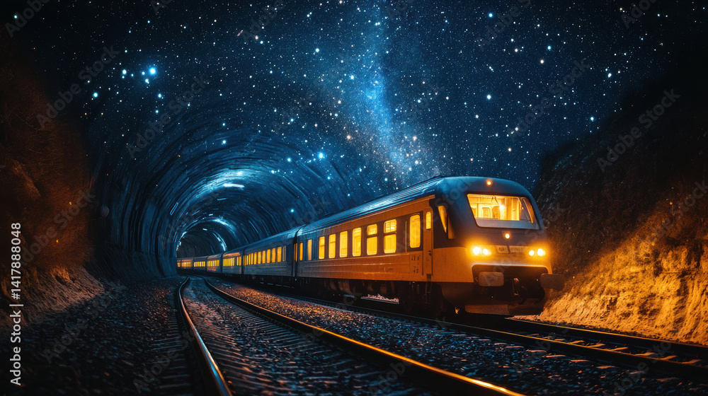 Naklejka premium Night Train Emerging from Starlit Tunnel
