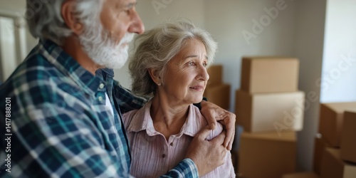 A couple stands together in their new home, surrounded by moving boxes, capturing the essence of love, support, and companionship amidst life changes. Their bond is palpable.