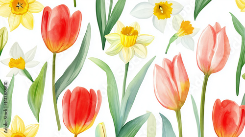 Hand-painted spring bouquet of tulips and daffodils in bright pastel tones, seamless design