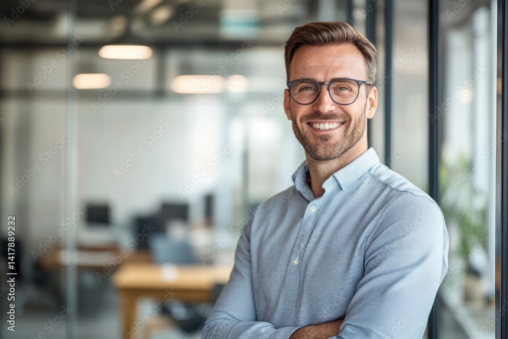 Smiling man with glasses in an office setting looking at the camera. Smiling man with glasses in an office setting looking at the camera.