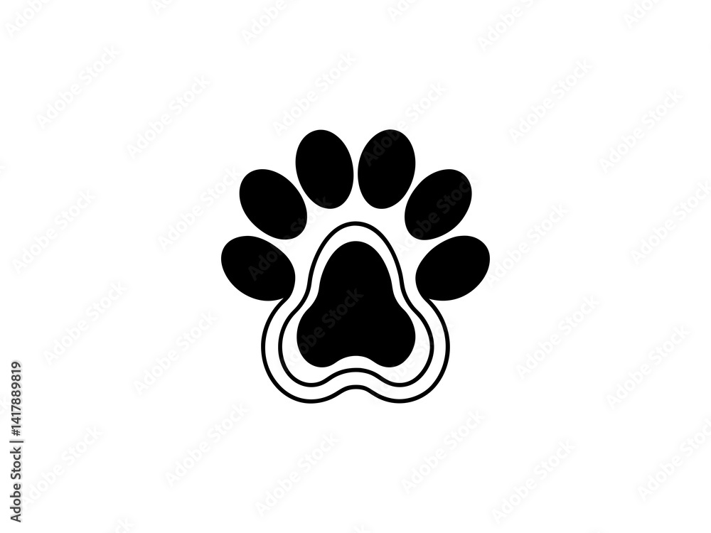A clean, vector graphic Simple Black Animal Paw Print design and white background .