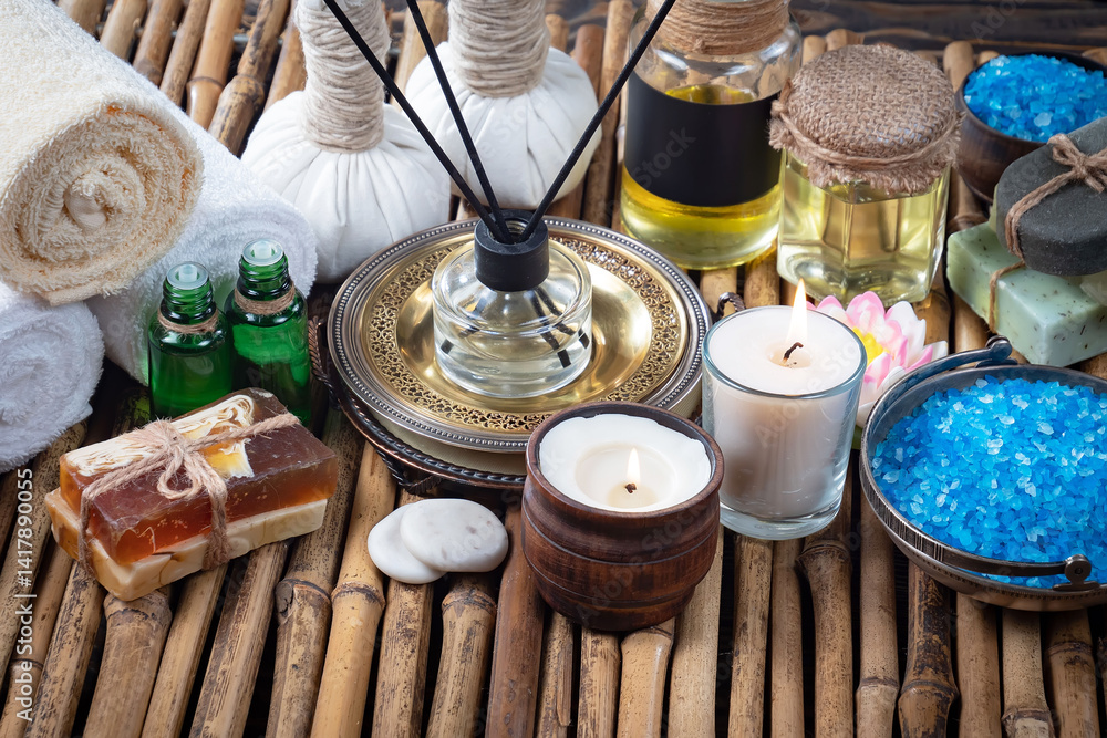 Spa treatment with candles and towel on wooden table, closeup