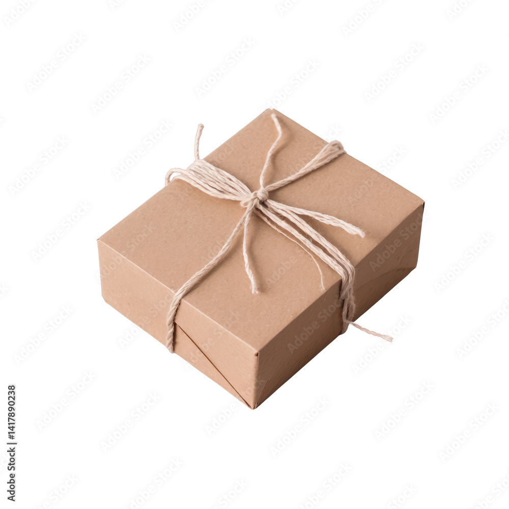Obraz premium A neatly wrapped gift box in a simple, brown color with twine bow, set against a soft, neutral backdrop.