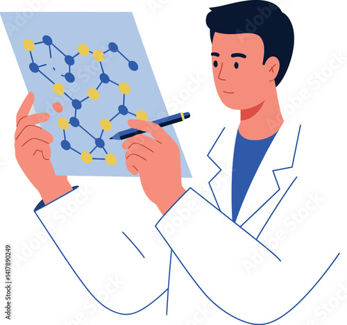Male scientist analyzing molecular structure with pen in hand flat design vector illustration