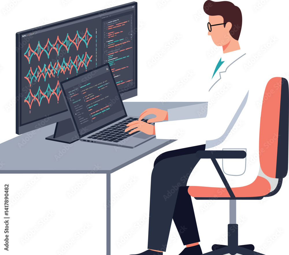 Male scientist analyzing genetic data on large screen and laptop in modern lab flat design vector illustration Male scientist analyzing genetic data on large screen and laptop in modern lab flat design vector illustration