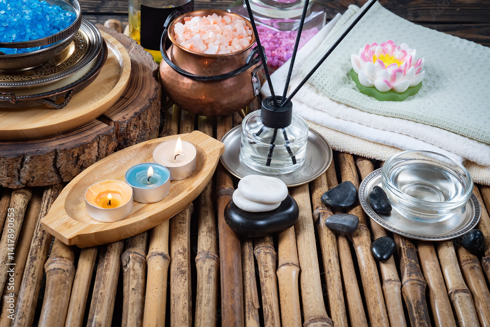 Spa treatment with candles and towel on wooden table, closeup