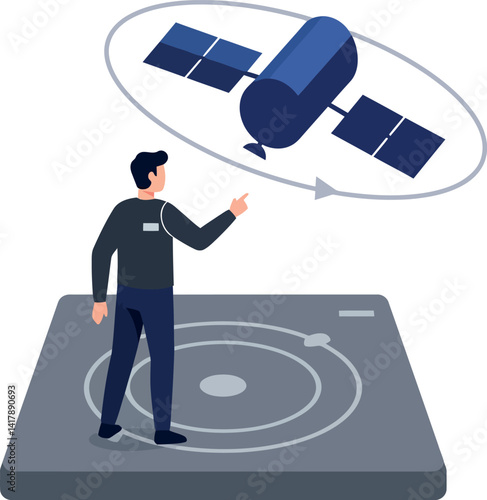Man interacting with satellite orbiting above flat technology platform digital vector illustration