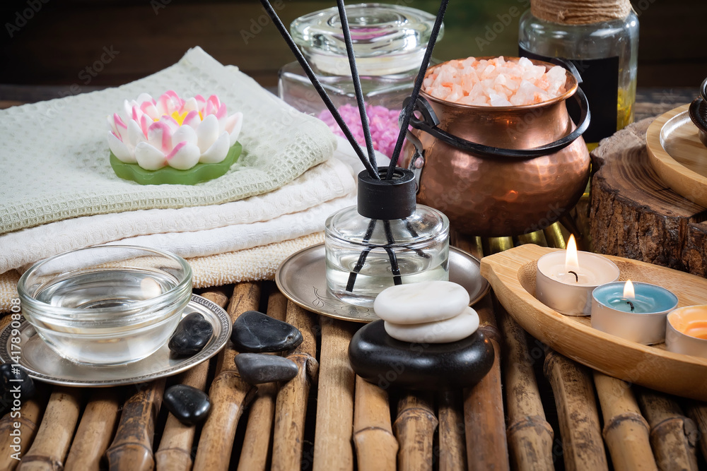Spa treatment with candles and towel on wooden table, closeup