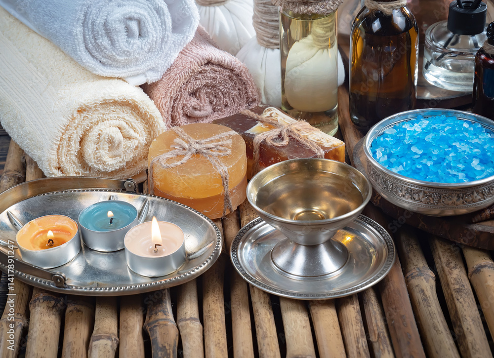 Spa treatment with candles and towel on wooden table, closeup