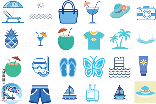 "A cohesive icon sheet featuring 24 colorful vector-style icons with a summer vacation theme. Icons include: beach umbrella, tropical drink, sunhat, flip-flops, palm tree, on transparent background.