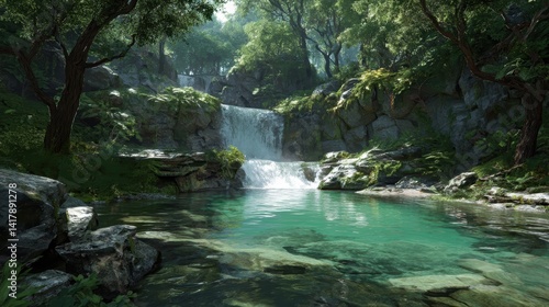 Tranquil waterfall cascade flowing into emerald pool surrounded by lush greenery in a vibrant forest landscape