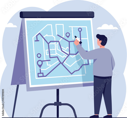 Man analyzing city map on tripod flip chart with pins and routes in flat design vector illustration