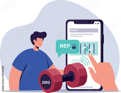 Young man monitoring weightlifting progress with digital fitness app flat design vector illustration