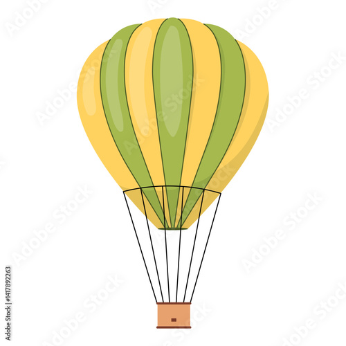 Simple yellow green hot air balloon with flags. Flying baloon design element for decorating invitation to show, flyer, banner. Aerial travel tourist transport with basket. Flat vector illustration