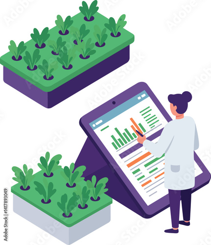 Scientist analyzing plant growth data with digital tablet in isometric flat design vector illustration