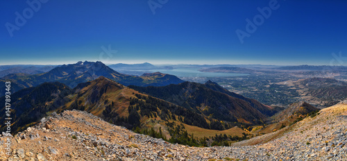Obraz na płótnie Box Elder Peak view from peak, American Fork Canyon. Lone Peak, Mt Timpanogos Uinta-Wasatch-Cache National Forest, Wasatch Range Rocky Mountains, Utah, United States. w salonie