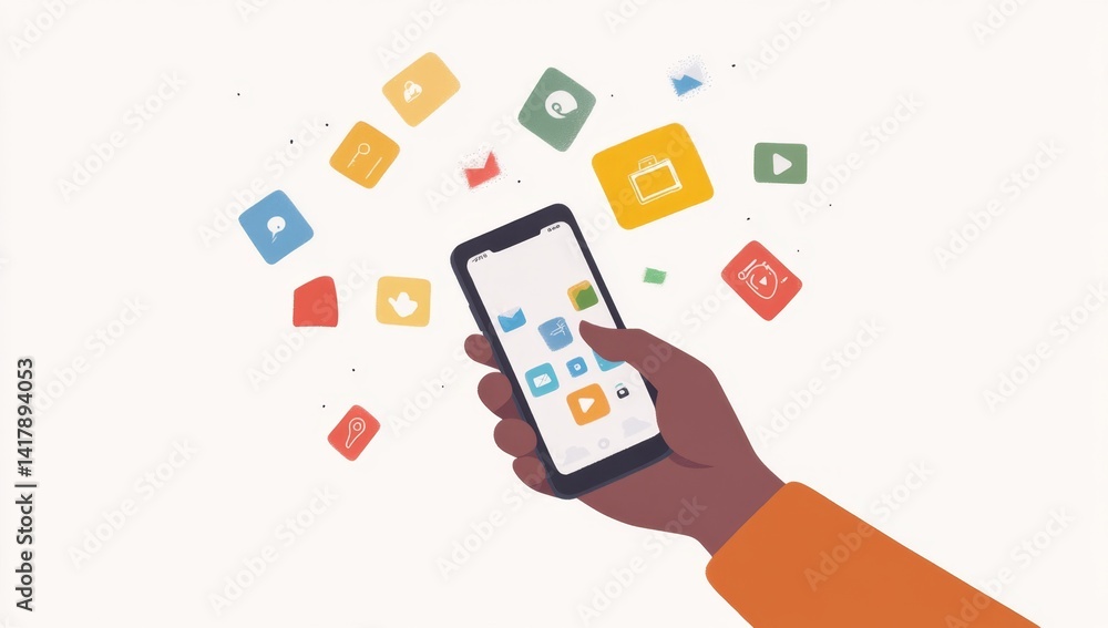 Hand holding smartphone, app icons flying around, digital interface Hand holding smartphone, app icons flying around, digital interface