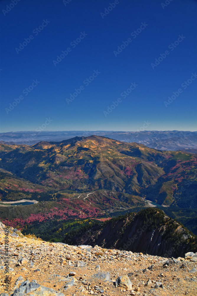 Box Elder Peak view from peak, American Fork Canyon. Lone Peak, Mt Timpanogos Uinta-Wasatch-Cache National Forest, Wasatch Range Rocky Mountains, Utah, United States.